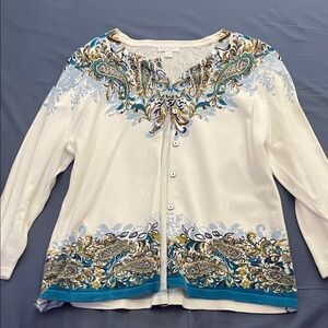 Charter’s Club Petite Women's White and Turquoise Paisley Sweater - Brand New